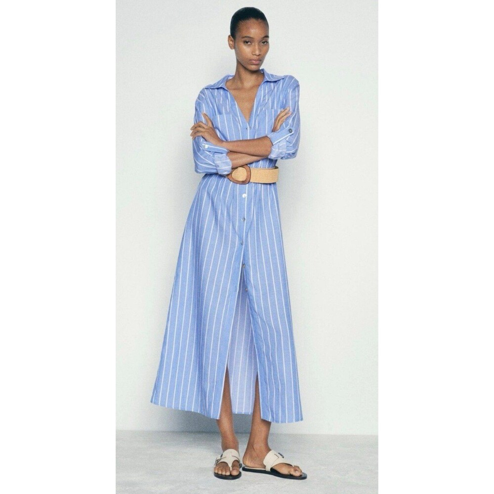 Zara Blue and White Striped Midi Shirt Dress